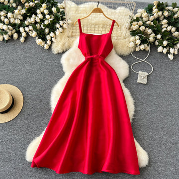 A line Straps Red Holiday Dresses Midi Length Women's Dress SD1271
